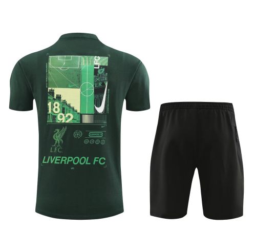 Adult Uniform 2024 Liverpool Dark Green Soccer Training Jersey and Shorts Cotton Football Kits