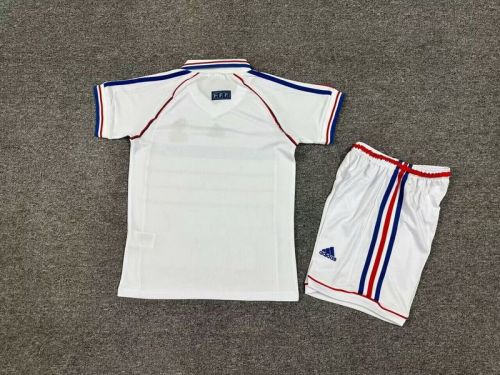 with Front Lettering Retro Youth Uniform Kids Kit 1998 France Away White Soccer Jersey Shorts Child Football Set