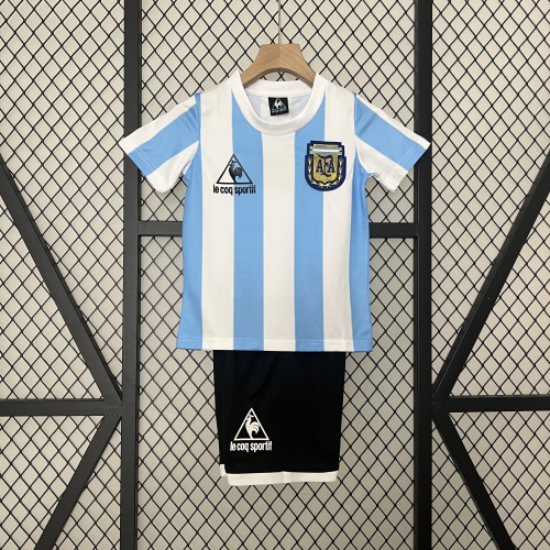Retro Youth Uniform Kids Kit 1986 Argentina Home Soccer Jersey Shorts Vintage Child Football Set
