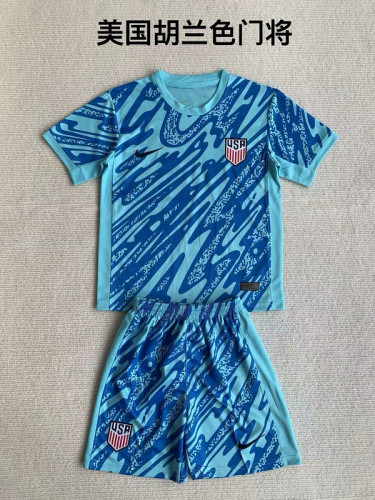Youth Uniform Kids Kit USA 2024 Blue Goalkeeper Soccer Jersey Shorts United States Child Football Set