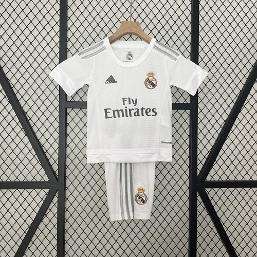 Retro Youth Uniform Kids Kit 2015-2016 Real Madrid Home Soccer Jersey Shorts Vintage Child Football Set