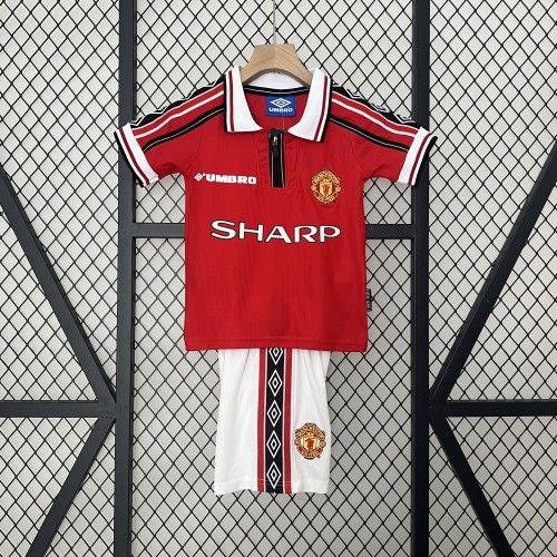 Retro Youth Uniform Kids Kit 1998-2000 Manchester United Home Soccer Jersey Shorts Vintage Child Football Set