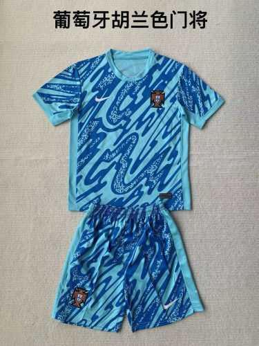 Youth Uniform Kids Kit Portugal 2024 Blue Goalkeeper Soccer Jersey Shorts Child Football Set