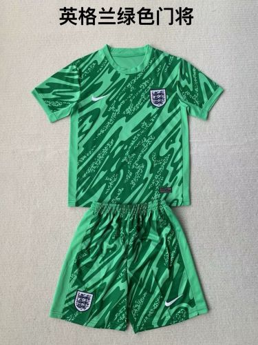 Youth Uniform Kids Kit England 2024 Green Goalkeeper Soccer Jersey Shorts Child Football Set