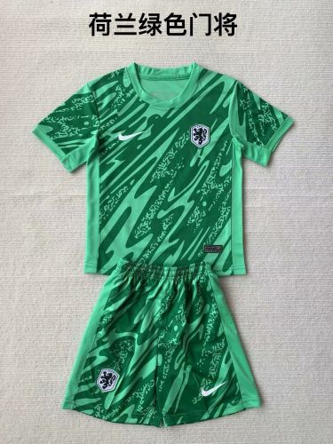 Youth Uniform Kids Kit Netherlands 2024 Green Goalkeeper Soccer Jersey Shorts Holland Child Football Set