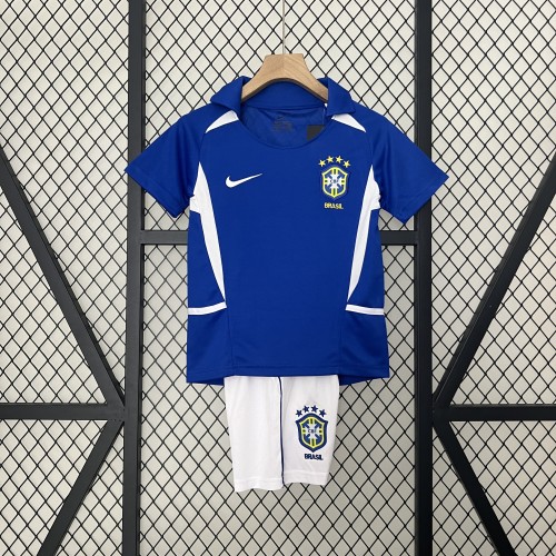 Retro Youth Uniform Kids Kit 2002 Brazil Away Blue Soccer Jersey Shorts Vintage Brasil Child Football Set