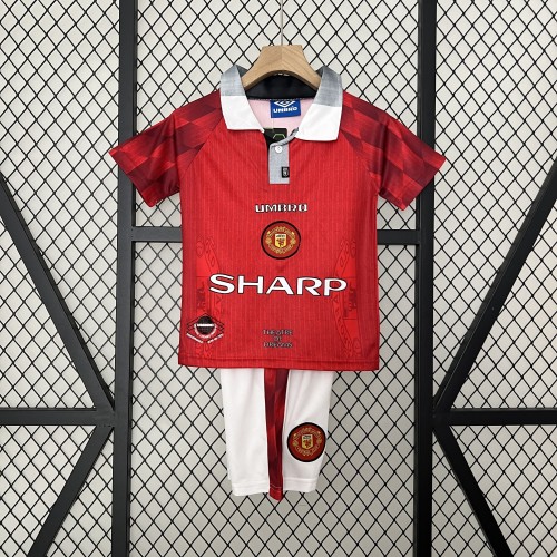 Retro Youth Uniform Kids Kit 1996-1997 Manchester United Home Soccer Jersey Shorts Vintage Child Football Set