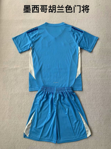 Youth Uniform Kids Kit Mexico 2024 Blue Goalkeeper Soccer Jersey Shorts Child Football Set