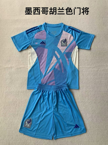 Youth Uniform Kids Kit Mexico 2024 Blue Goalkeeper Soccer Jersey Shorts Child Football Set