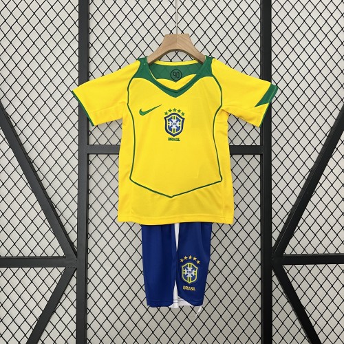 Retro Youth Uniform Kids Kit 2004 Brazil Home Soccer Jersey Shorts Brasil Child Football Set