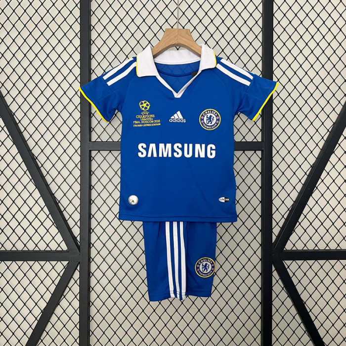 with Front Lettering Retro Youth Uniform Kids Kit 2008-2009 Chelsea UCL Final Home Soccer Jersey Shorts Vintage Child Football Set