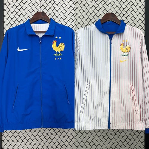 2024 France Blue/White Trench Coat Reversible Soccer Reversible Windbreaker Jacket