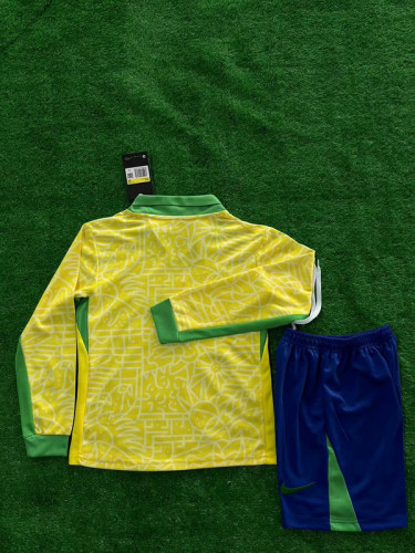 CLong Sleeve Youth Uniform Kids Kit 2024 Brazil Home SoccerJersey Shorts Child Brasil Football Set
