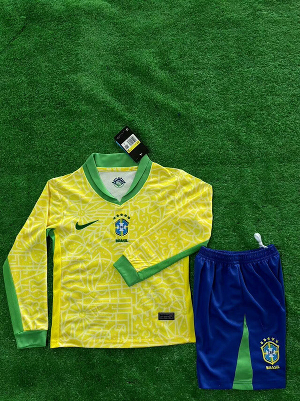 Long Sleeve Youth Uniform Kids Kit 2024 Brazil Home SoccerJersey Shorts Child Brasil Football Set