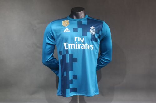 with Golden FIFA Patch Player Version Retro Jersey Long Sleeve 2017-2018 Real Madrid Third Away Soccer Jersey Vintage Real Camisetas de Futbol