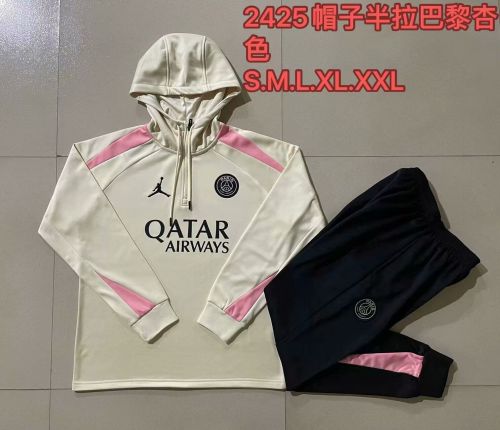 2024 PSG Beige Soccer Training Sweater Hoodie and Pants Football Tracksuit