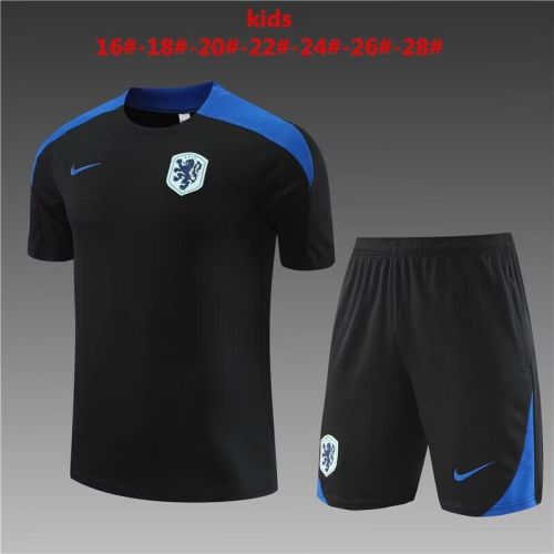 Youth Kids 2024 Netherlands Black/Blue Soccer Training Jersey Shorts Child Football Set