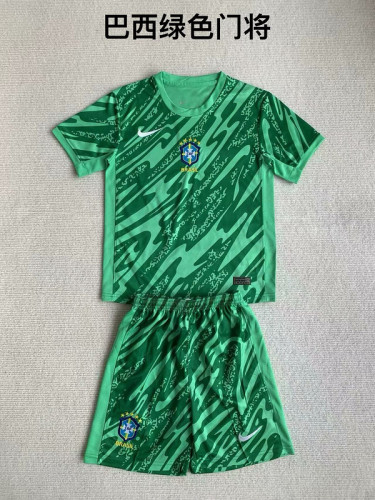 Youth Uniform Kids Kit Brazil 2024 Green Goalkeeper Soccer Jersey Shorts Brasil Child Football Set