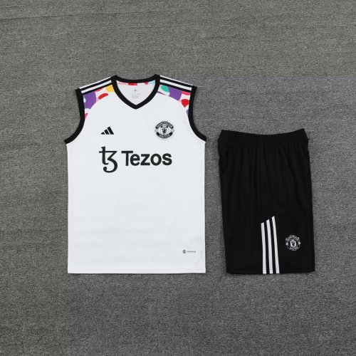 Adult Uniform 2024 Manchester United White Soccer Training Vest and Shorts Football Set