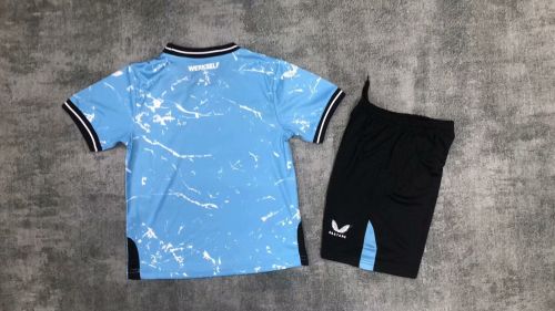 Youth Uniform Kids Kit 2023-2024 Leverkusen Away Blue Soccer Jersey Shorts Child Football Set