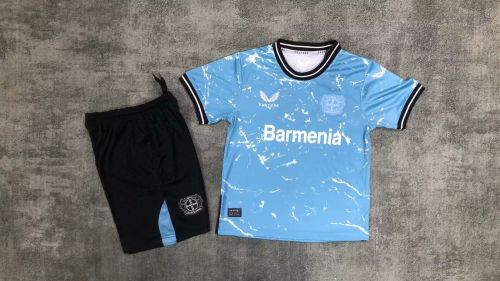 Youth Uniform Kids Kit 2023-2024 Leverkusen Away Blue Soccer Jersey Shorts Child Football Set