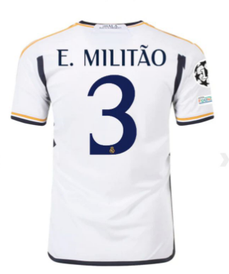 with UCL Patch Real Camisetas de Futbol 2023-2024 Fan Version Real Madrid E. Militao 3 Home Soccer Jersey