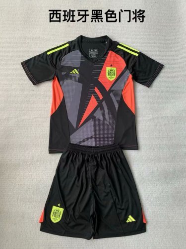 Youth Uniform Kids Kit Spain 2024 Black Goalkeeper Soccer Jersey Shorts Child Football Set