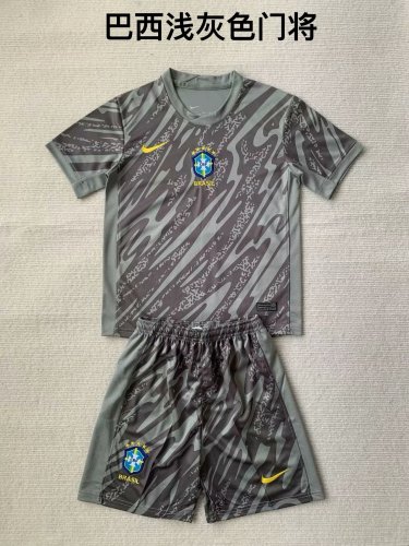 Youth Uniform Kids Kit Brazil 2024 Light Grey Goalkeeper Soccer Jersey Shorts Brasil Child Football Set