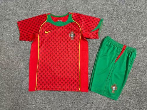 Retro Youth Uniform Kids Kit 2004 Portugal Home Soccer Jersey Shorts Vintage Child Football Set
