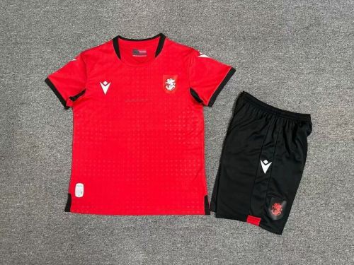 Youth Uniform Kids Kit Georgia 2024 Away Red Soccer Jersey Shorts Child Football Set