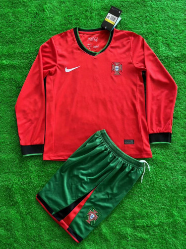 Long Sleeve Youth Uniform Kids Kit 2024 Portugal Home SoccerJersey Shorts Child Football Set