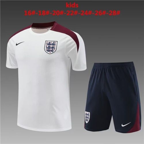 Youth Kids 2024 England White/Red Soccer Training Jersey Shorts Child Football Set
