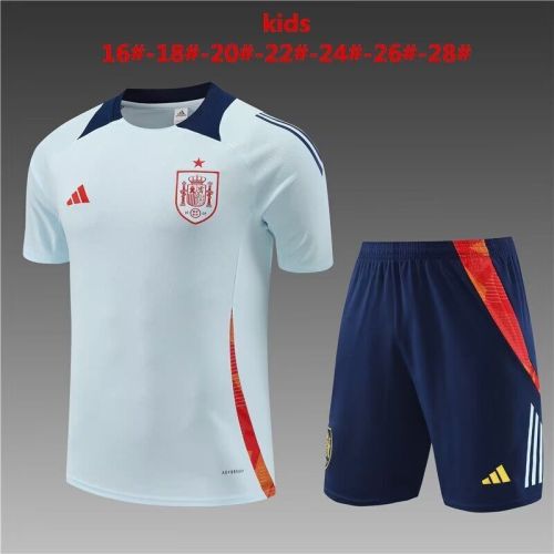 Youth Kids 2024 Spain Light Blue Soccer Training Jersey Shorts Child Football Set