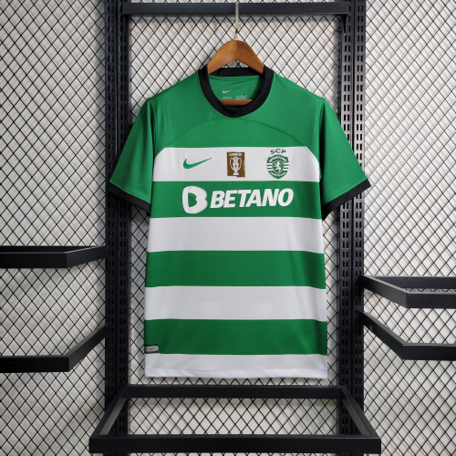 with Front Champions Patch Fan Version Sporting Lisbon 2023-2024 Home Soccer Jersey
