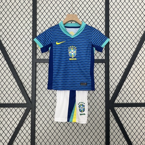 Youth Uniform Kids Kit 2024 Brazil Away Blue Soccer Jersey Shorts Child Football Set
