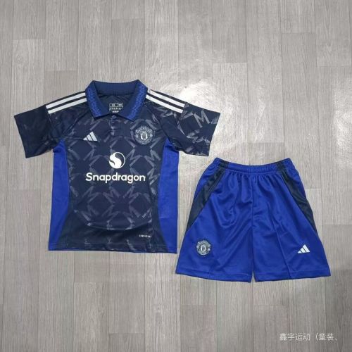 Youth Uniform Kids Kit 2024-2025 Manchester United Away Dark Blue Soccer Jersey Shorts Child Football Set