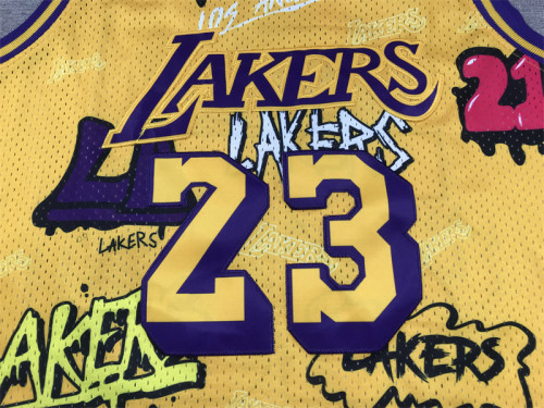 Mitchell&ness 2018-19 Los Angeles Lakers 23 JAMES Basketball Shirt Yellow Graffiti NBA Jersey