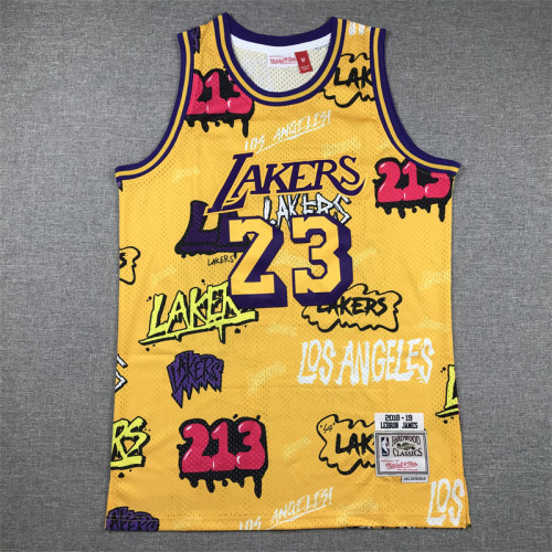 Mitchell&ness 2018-19 Los Angeles Lakers 23 JAMES Basketball Shirt Yellow Graffiti NBA Jersey