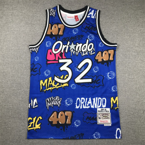 Mitchell&ness 1994-95 Orlando Magic Blue Graffiti Basketball Shirt 32 O'NEAL NBA Jersey