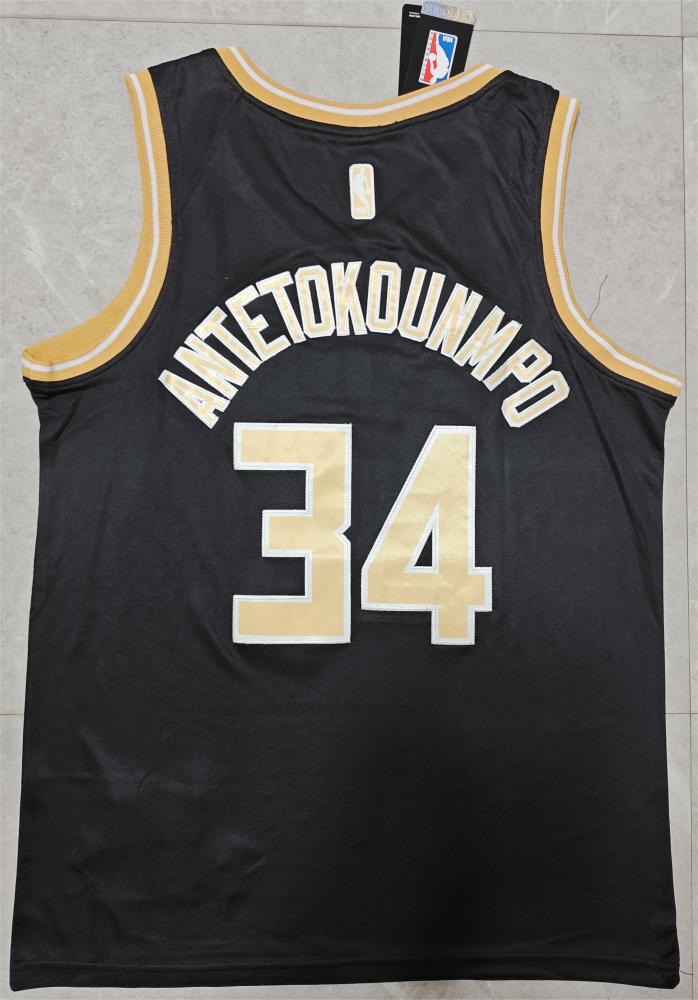 2024 Milwaukee Bucks 34 ANTETOKOUNMPO Black/Gold NBA Shirt Basketball Jersey