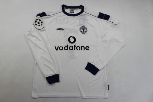 with UCL Patch Long Sleeve Retro Jersey 1999-2000 Manchester United Away White Soccer Jersey Vintage Football Shirt
