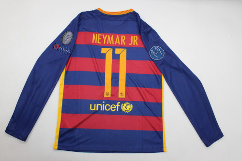 with UCL Patch Long Sleeve Retro Jersey 2015-2016 Barcelona NEYMAR JR 11 Home Soccer Jersey Vintage Football Shirt