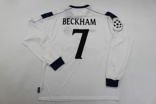 with UCL Patch Long Sleeve Retro Jersey 1999-2000 Manchester United BECKHAM 7 Away White Soccer Jersey Vintage Football Shirt