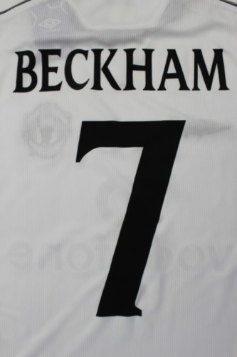 with UCL Patch Long Sleeve Retro Jersey 1999-2000 Manchester United BECKHAM 7 Away White Soccer Jersey Vintage Football Shirt