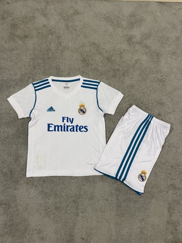 Retro Youth Uniform Kids Kit 2017-2018 Real Madrid Home Soccer Jersey Shorts Child Football Set