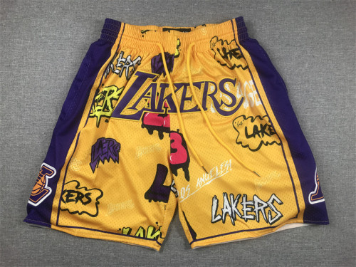 with Pocket Los Angeles Lakers NBA Shorts Yellow Graffiti Basketball Shorts
