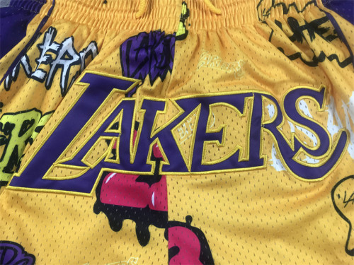 with Pocket Los Angeles Lakers NBA Shorts Yellow Graffiti Basketball Shorts