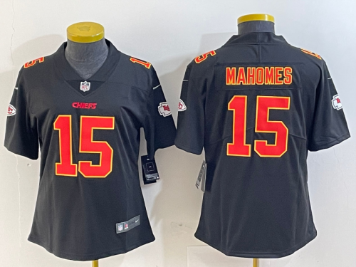 Youth Patrick Mahomes #15 Kansas City Chiefs Black/Gold Stitched Jersey Women NFL Shirt