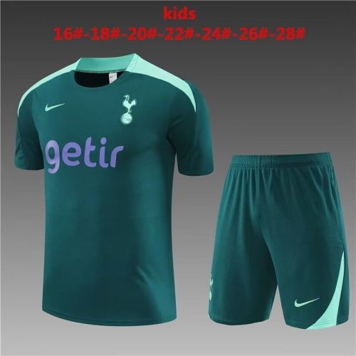 Youth Kids 2024 Tottenham Hotspur Green Soccer Training Jersey Shorts Child Football Set