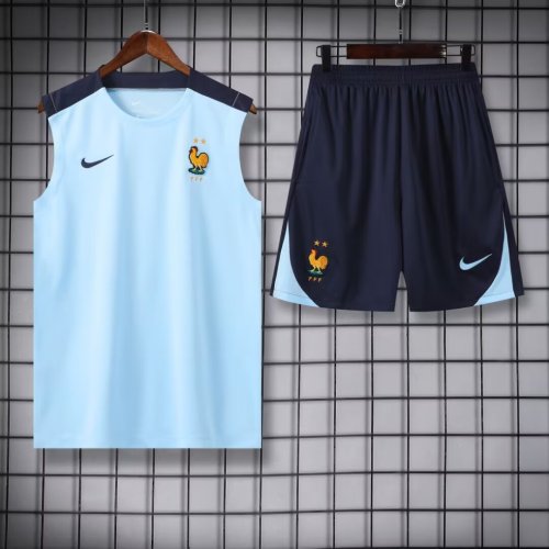Adult Uniform 2024 France Light Blue Soccer Training Vest and Shorts Football Set